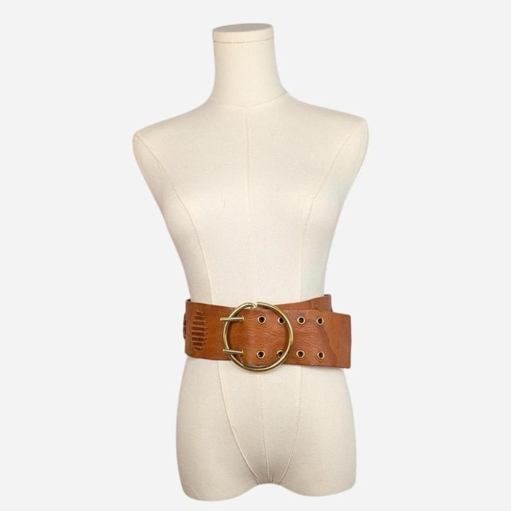 Wide Brown Genuine Leather 3D Cutwork Star Belt Brass O-Ring Buckle OS